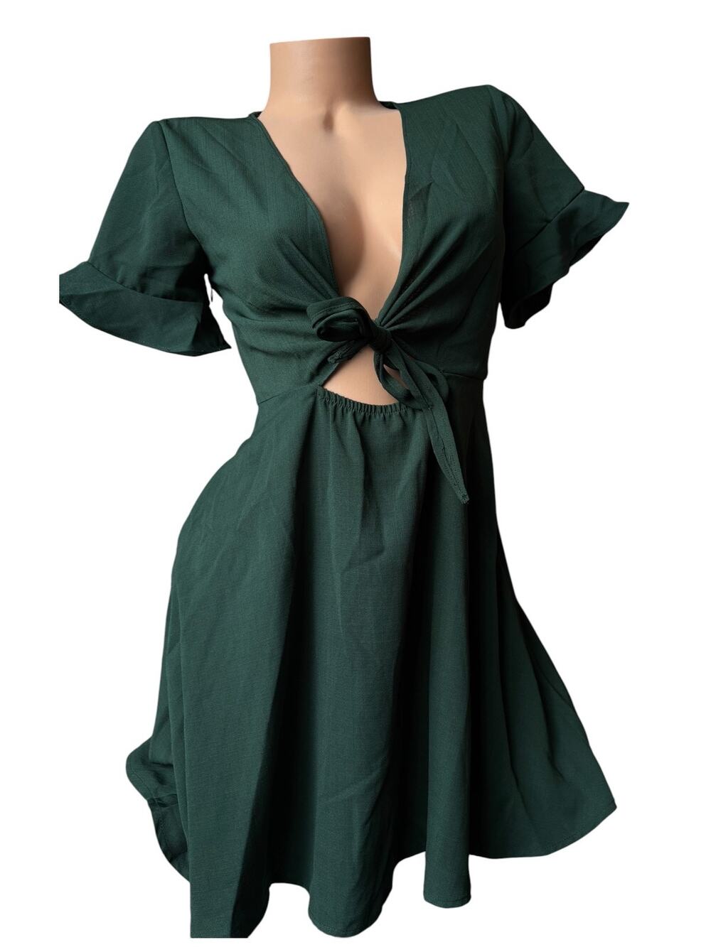 Green Tie-Front Cutout plunging neckline Mini Dress XS short sleeve summer dress
